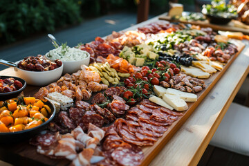 Outdoor catering of a charcuterie board with meats, cheeses, fruits, and dips outdoors at an event, small business catering concept 