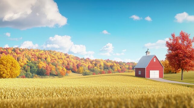 Thanksgiving farm with golden cornfields and rustic barns surrounded by colorful fall foliage The warm, harvesttime landscape is ideal for capturing the spirit of Thanksgiving
