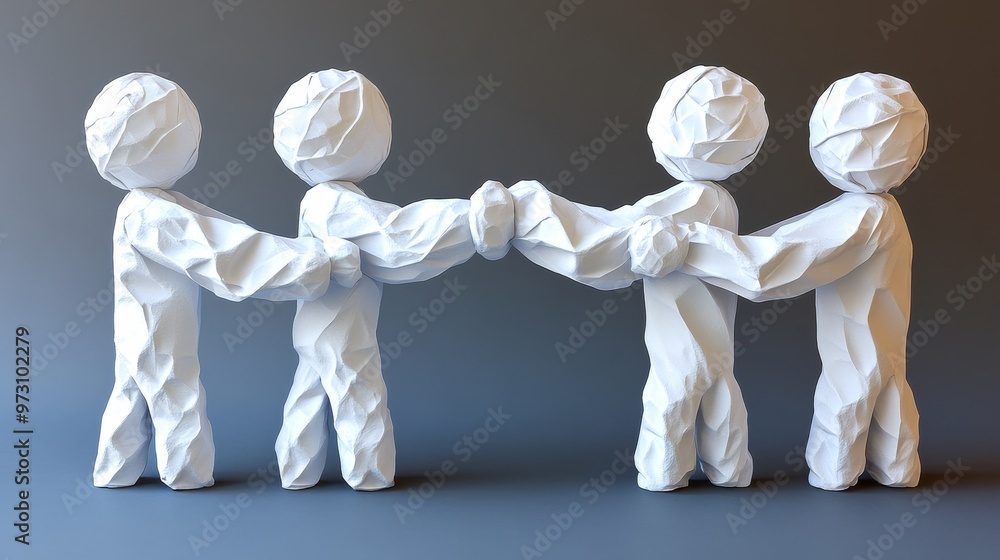 Poster creative representation of teamwork and collaboration with paper figures holding hands, symbolizing 