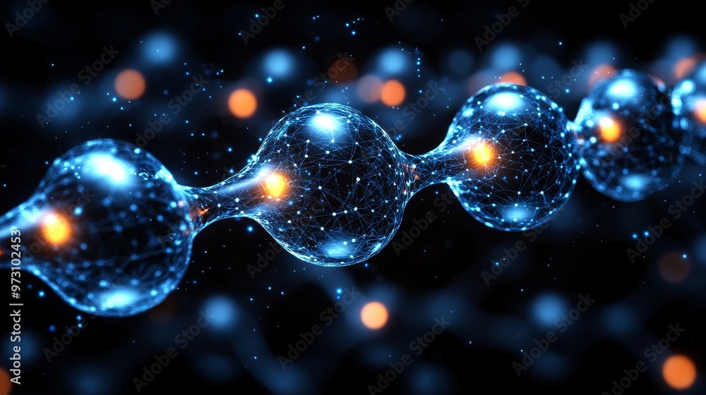 Poster futuristic molecular structure showcasing interconnected atoms with glowing elements in a dark, abst