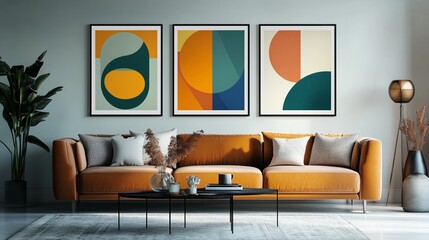 Stylish living room with modern art, an orange sofa, and green plants in a cozy, contemporary space during the day