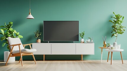 Stylish living room with green wall, modern TV, plants, and elegant furniture, creating a cozy and inviting atmosphere.