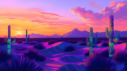 Vibrant Desert Sunset with Saguaro Cacti