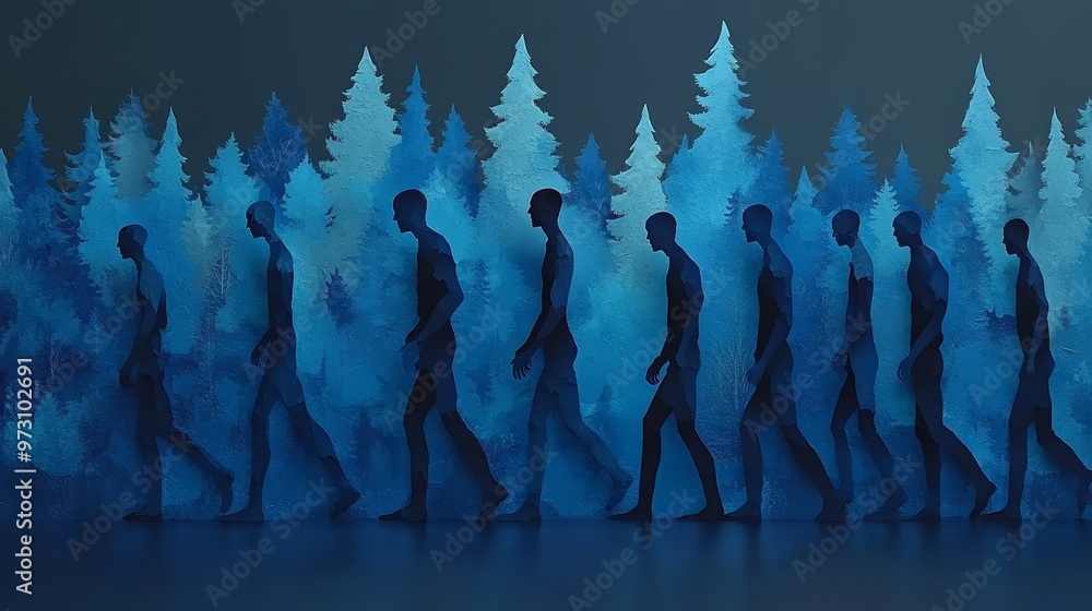 Poster silhouetted figures walking through a mystical forest, creating an ethereal scene with a blue color 