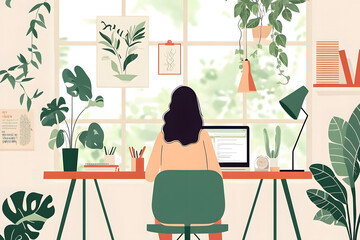 Fototapeta premium Programmer woman working on laptop in home office with a lot of green indoor plants,vector illustration.Work from home and work from anywhere,freelance work concept.
