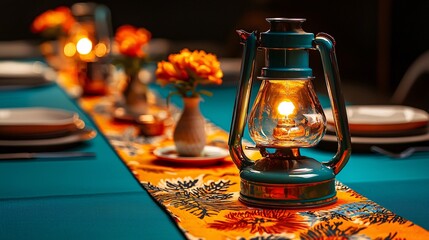Festive Indian dining table with warm oil lamps glowing vibrant colors joyful atmosphere