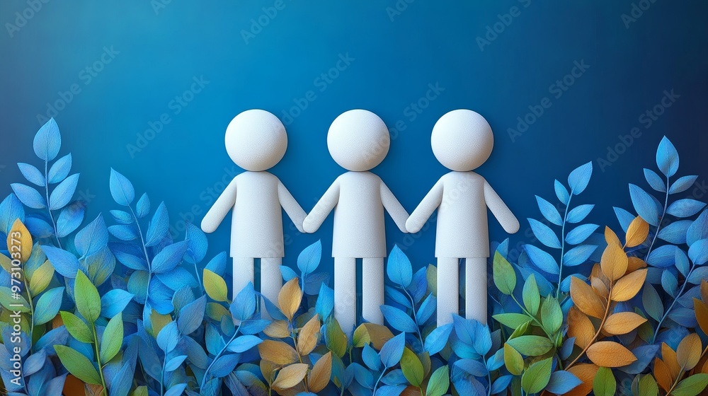 Poster three abstract figures standing together surrounded by colorful leaves, symbolizing unity and teamwo