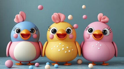 Three cheerful cartoon birds in pastel colors, surrounded by colorful balls, perfect for playful and whimsical designs.