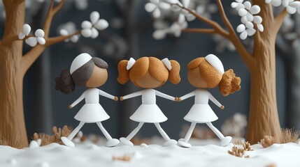 Three charming figurines in white dresses hold hands under trees, showcasing friendship and seasonal beauty in a whimsical landscape.