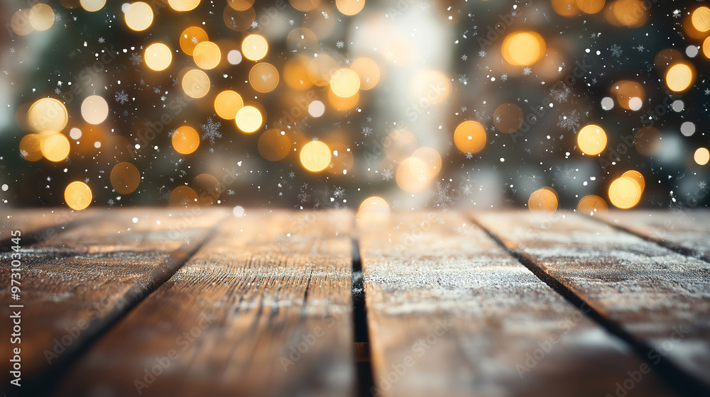 Poster empty wooden table ready for product display with bokeh christmas tree and falling snow