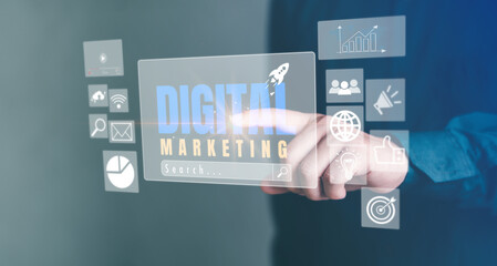 Digital customer service management transformation technology strategy, digitization and digitalization of business processes and data, marketing commerce online sale concept, website, social network.