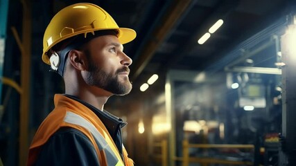 Focused industrial worker in hard hat gazes up in factory, showcasing expertise in machinery operation