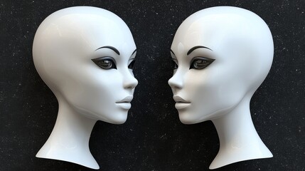 Two minimalist mannequin heads facing each other, showcasing modern design and artistic features in a stylish composition.