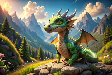 Obraz premium Green Dragon Perched on a Rock in a Mountainous Landscape