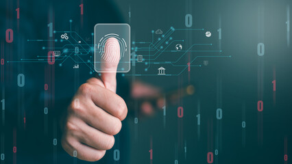 Security of access big data finger print technology and digital safety verification concept or Scanning allows access to security and identification of big Data businesses, bank and Cloud Computers.