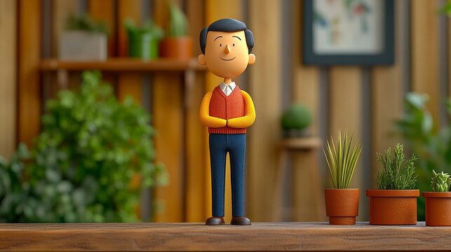 A cheerful cartoon character stands in a vibrant indoor setting filled with plants, showcasing personality and warmth.