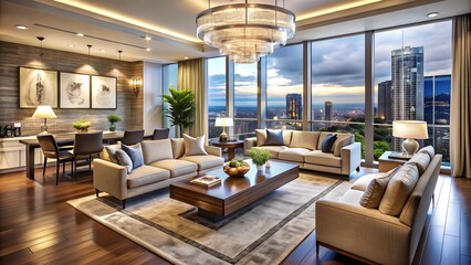 Fototapeta premium A luxurious, modern living room with floor-to-ceiling windows offering a stunning cityscape view, elegant furnishings, and a grand chandelier, perfect for high-end real estate listings