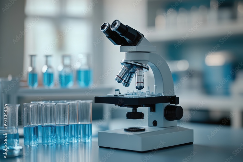 Wall mural science experiment concept banner with microscope and test tubes on lab table in empty laboratory