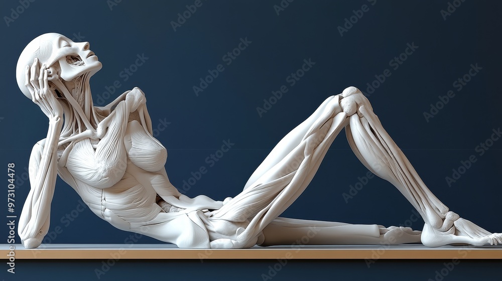 Poster a detailed anatomical model showcasing human skeletal structure in a relaxed pose against a minimali