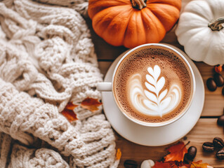 Warm beverages with autumnal decorations in the background, featuring Pumpkin Orange, Creamy White, and Espresso Brown tones. A cozy fall setting with rich seasonal colors.