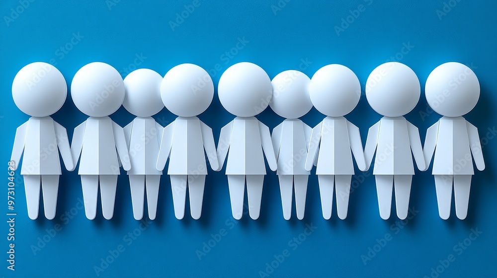 Poster a group of diverse paper cut-out figures representing teamwork and collaboration in a modern design 