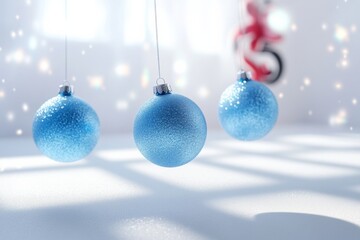Festive Blue Christmas Ornaments Levitate in Playful Winter Energy - Bright, Contemporary Holiday Product Mockup with Cheerful Motion and Shadows