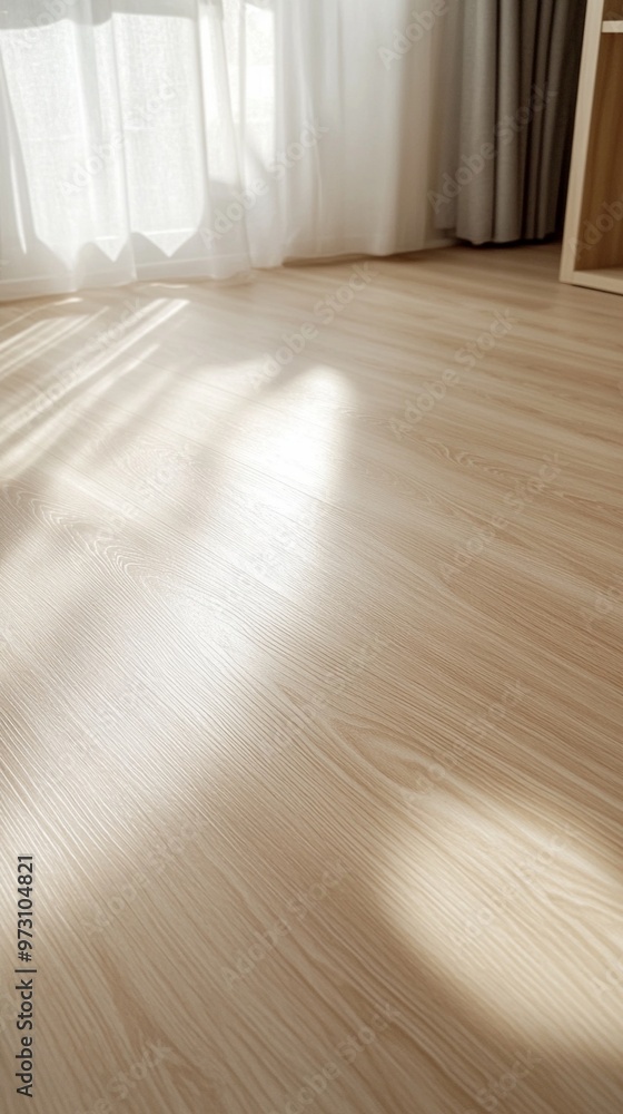 Poster sunlight streams through sheer curtains, casting soft shadows on a pristine light wood floor, creati