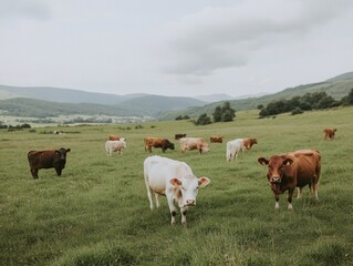 Naklejka premium Group of Cattle Grazing on Sustainable Pasture-Based Farm in Open Fields During Daytime for Carnivore Diet Concept