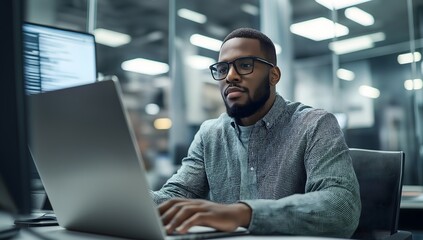 In a modern office, a Black IT programmer focuses on his computer, skilled in websites, software, apps, and games, within a supportive, stress-free space.
