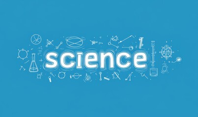Fototapeta premium Science banner with blue background and scientific icons surrounding the word science