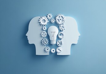Creative idea concept with two head silhouettes and gears showcasing teamwork and innovation