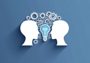 Two human head silhouettes with interlocking gears and a light bulb for creative thinking and innovation
