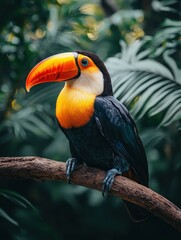 Obraz premium Vibrant Toucan in Lush Tropical Forest Habitat - Exotic Bird with Colorful Feathers Perched on Tree Branch, Nature Wildlife Close-up