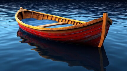 Obraz premium A vibrant wooden boat floating gently on calm water, showcasing its intricate design and rich colors in serene surroundings.