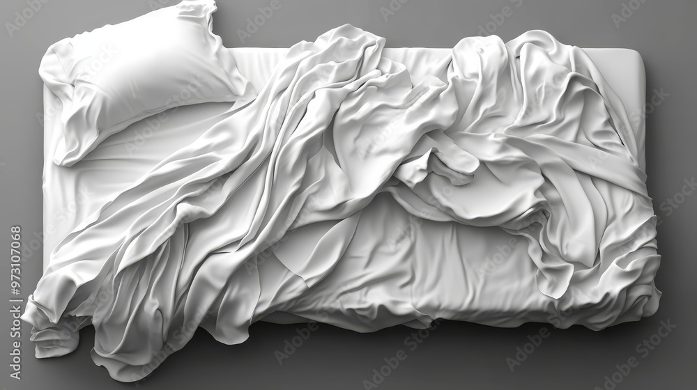 Poster an elegant and soft bed with crumpled white sheets and a pillow, creating a serene and inviting atmo