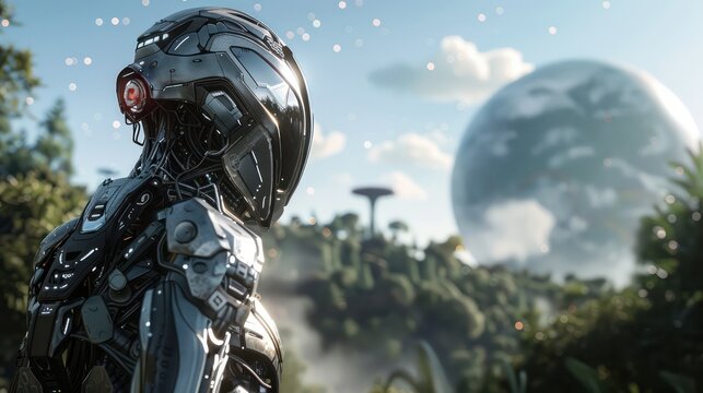 Futuristic Cyborg in a Lush, Alien Landscape