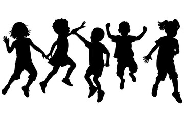 Children Kids Silhouette jump Set. Silhouettes of Kids Engaged in Sports, Hobbies, jump and Play on white background. Vector illustration.