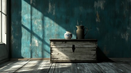 Obraz premium Cozy Vintage Interior with Antique Wooden Chest, Porcelain Vase, and Oil Lamp in Moonlight, Casting Long Shadows on Rustic Floor, Creating a Mysterious Nostalgic Ambience