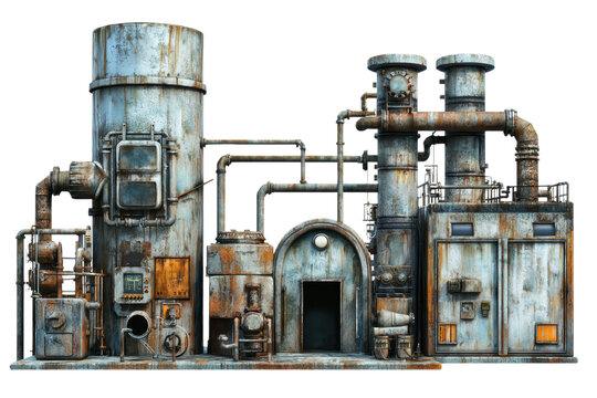 A detailed and rusted industrial machine with pipes and structures, showcasing a steampunk aesthetic and vintage mechanical design.