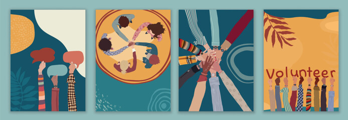 Volunteer people group concept. Banner poster editable template.Multicultural diverse people. Raised hands. People in circle. Solidarity. NGO Aid concept. Charitable donation