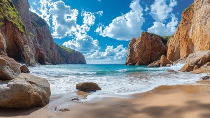 Fototapeta premium Serene Panoramic View of Remote Beach with Rocky Cliffs and Gentle Waves