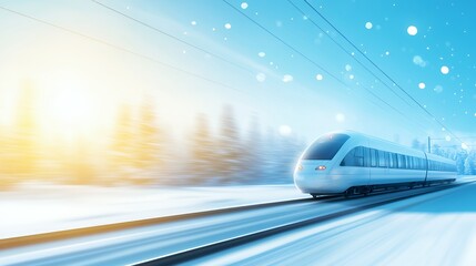 Naklejka premium White high-speed train traveling through snowy landscape.