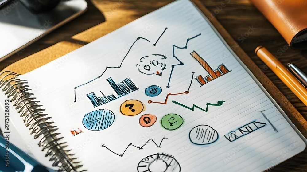 Poster hand-drawn charts and graphs in a notebook