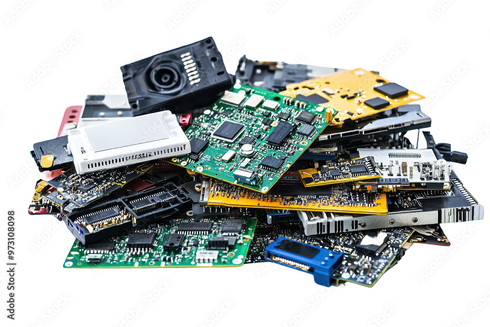 Poster a pile of various electronic components and circuit boards isolated on a transparent background. sho