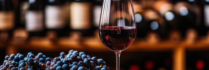 A close-up of a glass of red wine with grapes beside it, set against a backdrop of wine bottles with a bokeh effect.