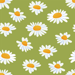 Seamless pattern with chamomile flower, white flowers with a yellow center on a green background. Use for print and banners Vector illustration.