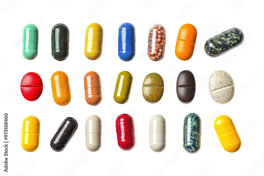 Poster A variety of colorful capsules and pills arranged in rows, showcasing different shapes, sizes, and colors on a transparent background.