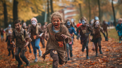 Zombie-Themed Fun Run, kids and adults dressed as zombies participating in a charity fun run through a city park, Halloween, with copy space
