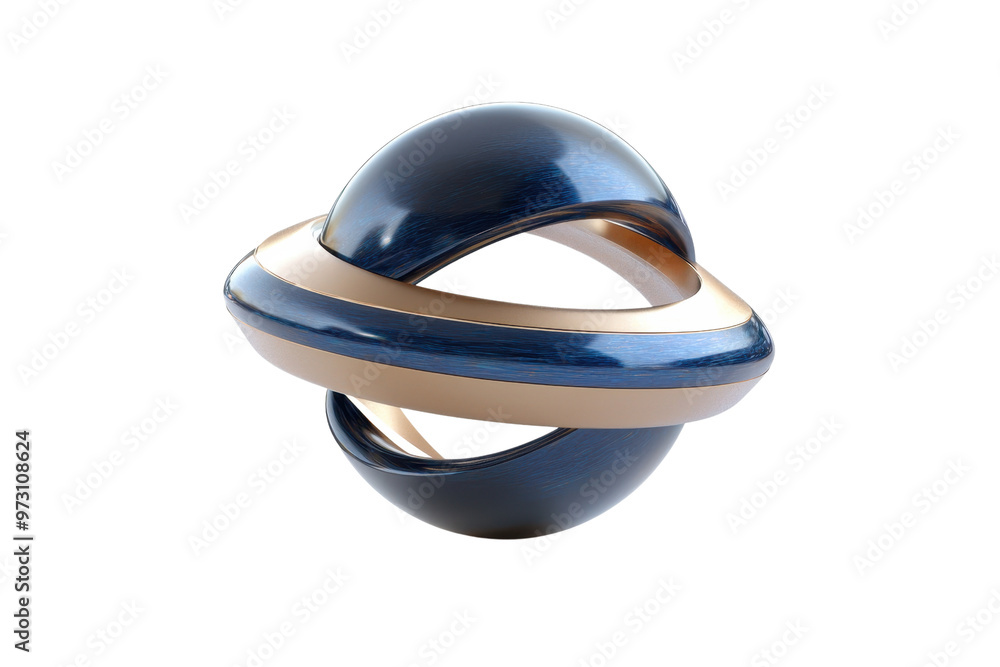 Poster abstract 3d rendering of intertwined blue and beige metallic rings forming a spherical shape, isolat