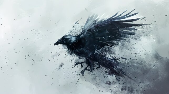 A black crow in flight with its wings spread out, depicted in an abstract style with splashes of black paint on a light grey background.